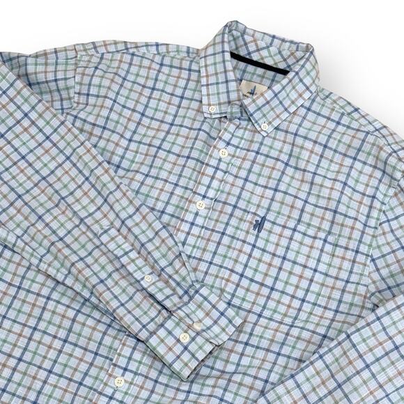 Johnnie-O Mens Medium Hangin' Out Shirt Button Up Long Sleeve Blue Plaid Casual - Picture 1 of 10